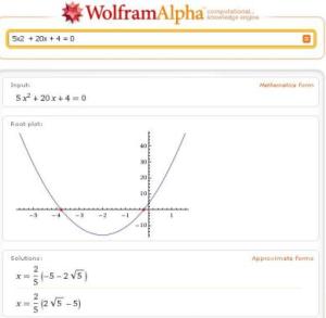 Wolfram Alpha resolvendo uma equação do segundo grau, com gráfico e tudo
